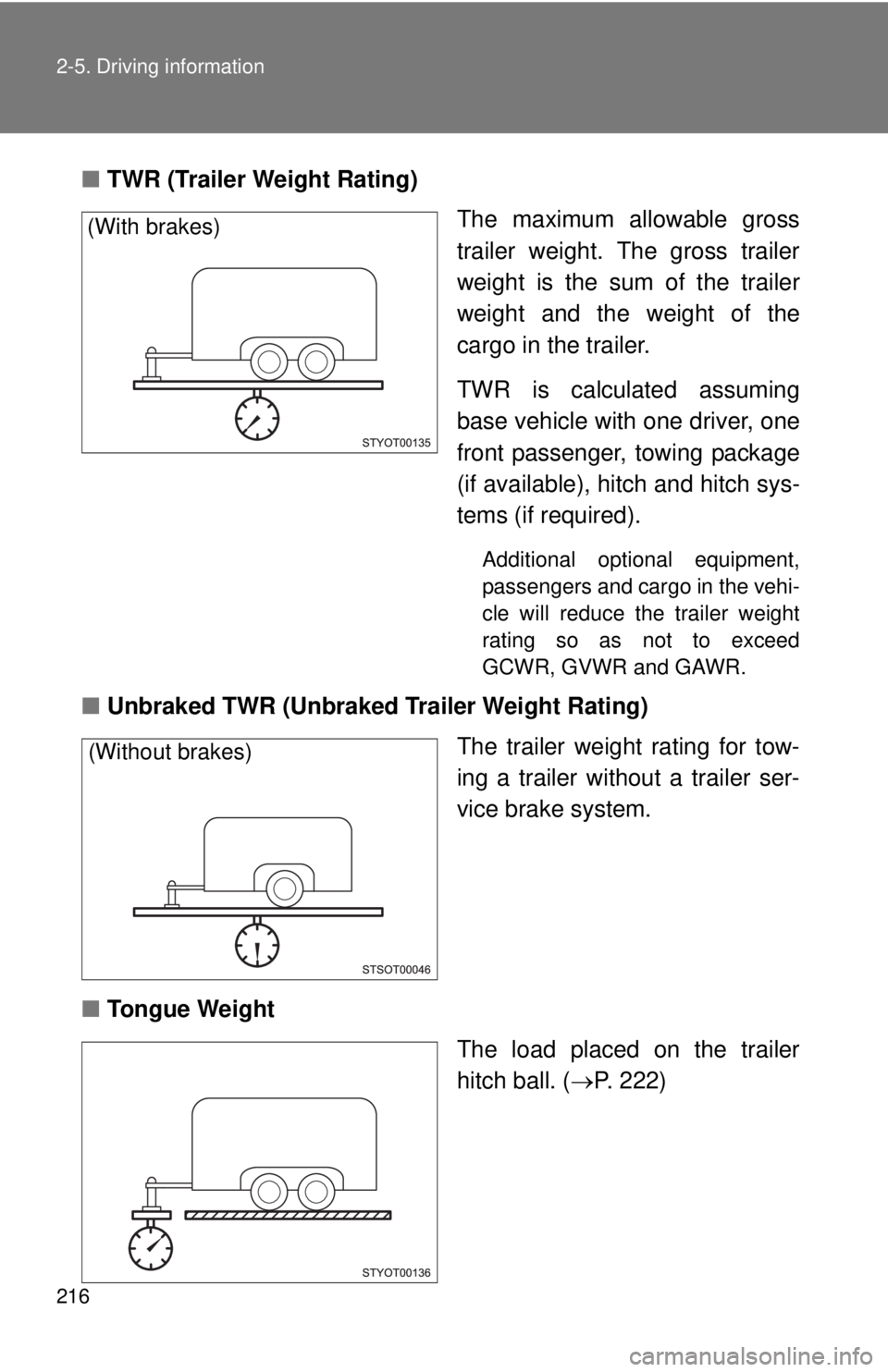 TOYOTA TACOMA 2011 Owners Manual (in English) 216 2-5. Driving information
■TWR (Trailer Weight Rating)
The maximum allowable gross
trailer weight. The gross trailer
weight is the sum of the trailer
weight and the weight of the
cargo in the tra TOYOTA TACOMA 2011 Owners Manual (in English) 216 2-5. Driving information
■TWR (Trailer Weight Rating)
The maximum allowable gross
trailer weight. The gross trailer
weight is the sum of the trailer
weight and the weight of the
cargo in the tra