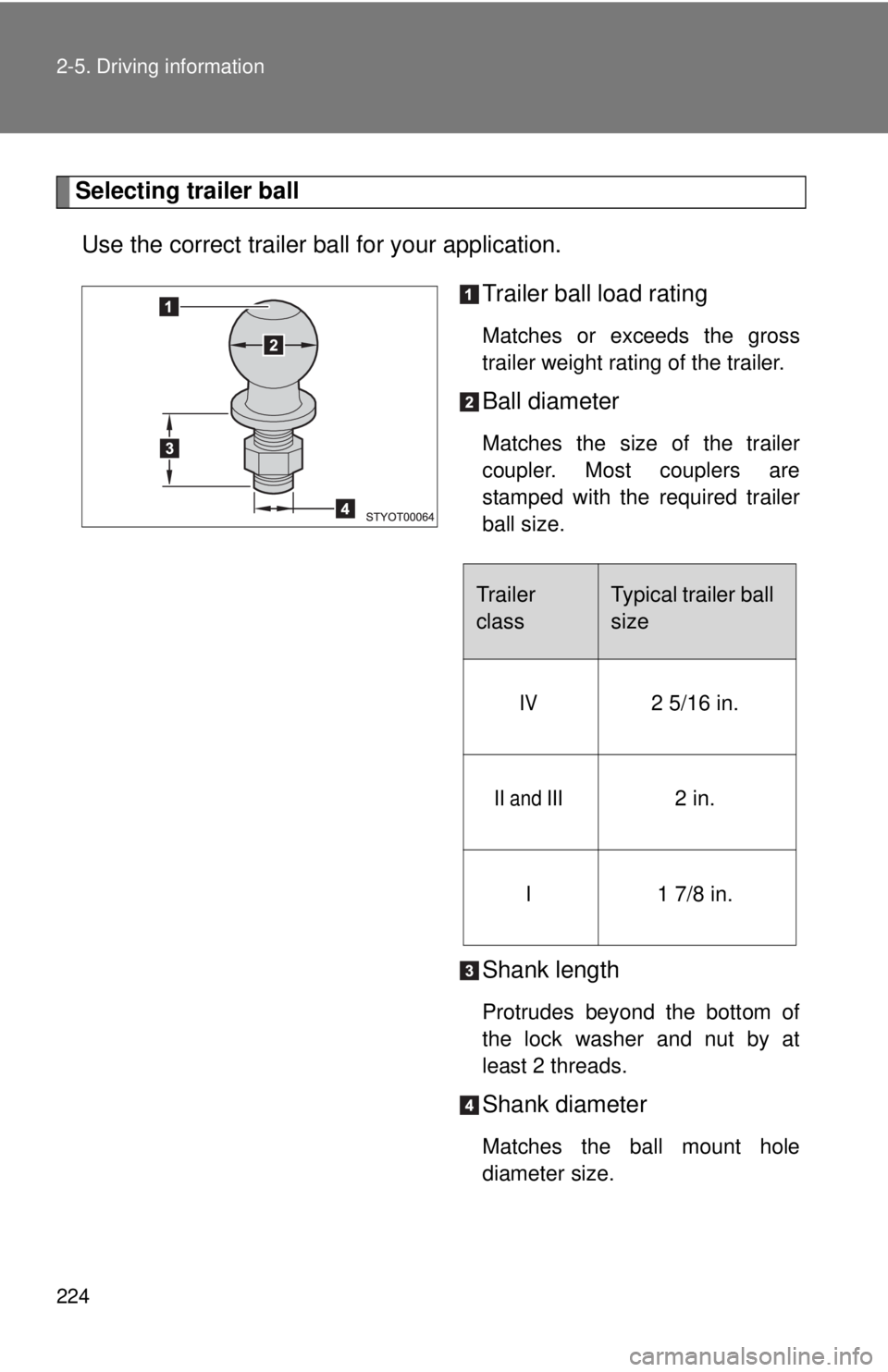 TOYOTA TACOMA 2011 Owners Manual (in English) 224 2-5. Driving information
Selecting trailer ballUse the correct trailer ball for your application. Trailer ball load rating
Matches or exceeds the gross
trailer weight rating of the trailer.
Ball d TOYOTA TACOMA 2011 Owners Manual (in English) 224 2-5. Driving information
Selecting trailer ballUse the correct trailer ball for your application. Trailer ball load rating
Matches or exceeds the gross
trailer weight rating of the trailer.
Ball d