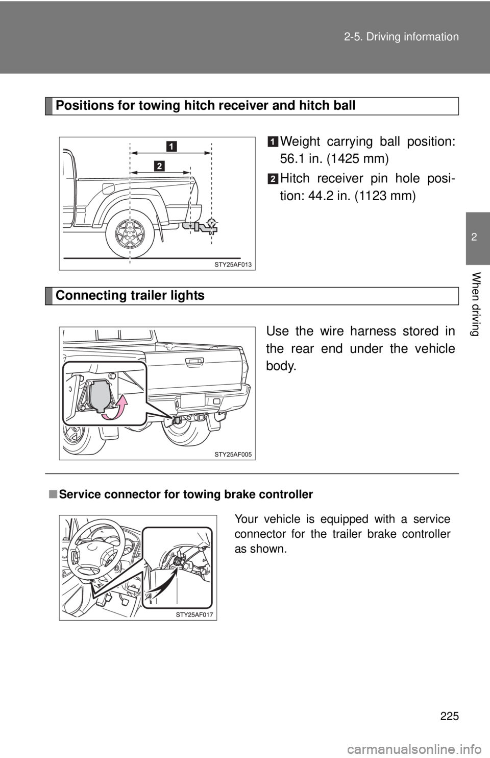 TOYOTA TACOMA 2011 Owners Manual (in English) 225
2-5. Driving information
2
When driving
Positions for towing hitch
receiver and hitch ball
Weight carrying ball position:
56.1 in. (1425 mm)
Hitch receiver pin hole posi-
tion: 44.2 in. (1123 mm) TOYOTA TACOMA 2011 Owners Manual (in English) 225
2-5. Driving information
2
When driving
Positions for towing hitch
receiver and hitch ball
Weight carrying ball position:
56.1 in. (1425 mm)
Hitch receiver pin hole posi-
tion: 44.2 in. (1123 mm)
