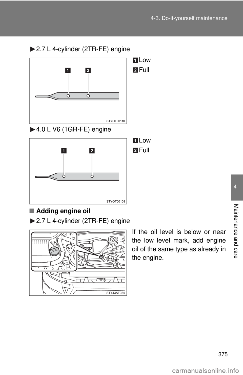 TOYOTA TACOMA 2011  Owners Manual (in English) 375
4-3. Do-it-yourself maintenance
4
Maintenance and care
2.7 L 4-cylinder (2TR-FE) engine
Low
Full
4.0 L V6 (1GR-FE) engine Low
Full
■ Adding engine oil
2.7 L 4-cylinder (2TR-FE) engine
If the oil