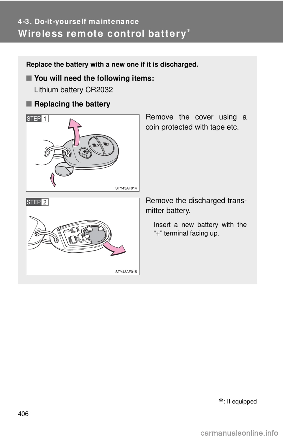 TOYOTA TACOMA 2011  Owners Manual (in English) 406
4-3. Do-it-yourself maintenance
Wireless remote control batter y 
: If equipped
Replace the battery with a new one if it is discharged.
■You will need the following items:
Lithium battery 