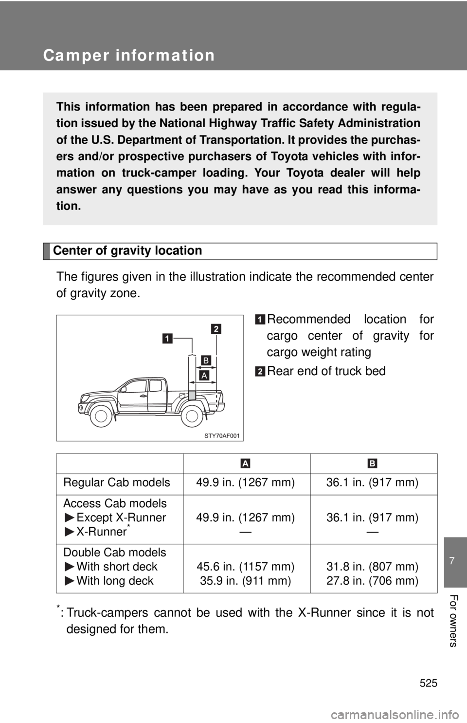 TOYOTA TACOMA 2011  Owners Manual (in English) 525
7
For owners
Camper information
Center of gravity locationThe figures given in the illustration indicate the recommended center
of gravity zone. Recommended location for
cargo center of gravity fo