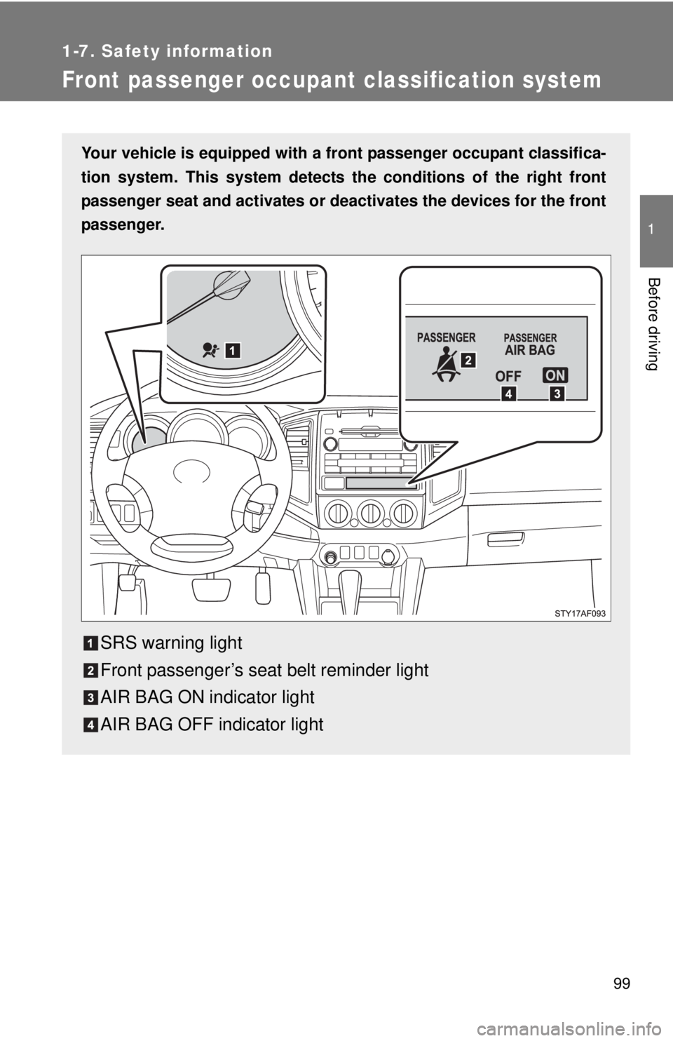 TOYOTA TACOMA 2011 Owners Manual (in English) 99
1
1-7. Safety information
Before driving
Front passenger occupant classification system
Your vehicle is equipped with a front passenger occupant classifica-
tion system. This system detects the co TOYOTA TACOMA 2011 Owners Manual (in English) 99
1
1-7. Safety information
Before driving
Front passenger occupant classification system
Your vehicle is equipped with a front passenger occupant classifica-
tion system. This system detects the co