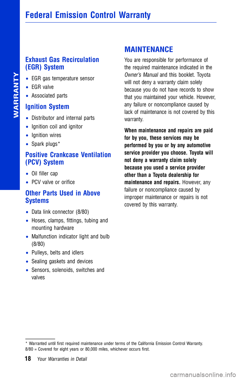 TOYOTA TACOMA 2011 Warranties & Maintenance Guides (in English) JOBNAME: 316782-2011-tac-toyw PAGE: 18 SESS: 12 OUTPUT: Wed May 19 10:51:33 2010
/tweddle/toyota/sched-maint/316782-en-tac/wg
Exhaust Gas Recirculation
(EGR) System
•EGR gas temperature sensor
• TOYOTA TACOMA 2011 Warranties & Maintenance Guides (in English) JOBNAME: 316782-2011-tac-toyw PAGE: 18 SESS: 12 OUTPUT: Wed May 19 10:51:33 2010
/tweddle/toyota/sched-maint/316782-en-tac/wg
Exhaust Gas Recirculation
(EGR) System
•EGR gas temperature sensor
•