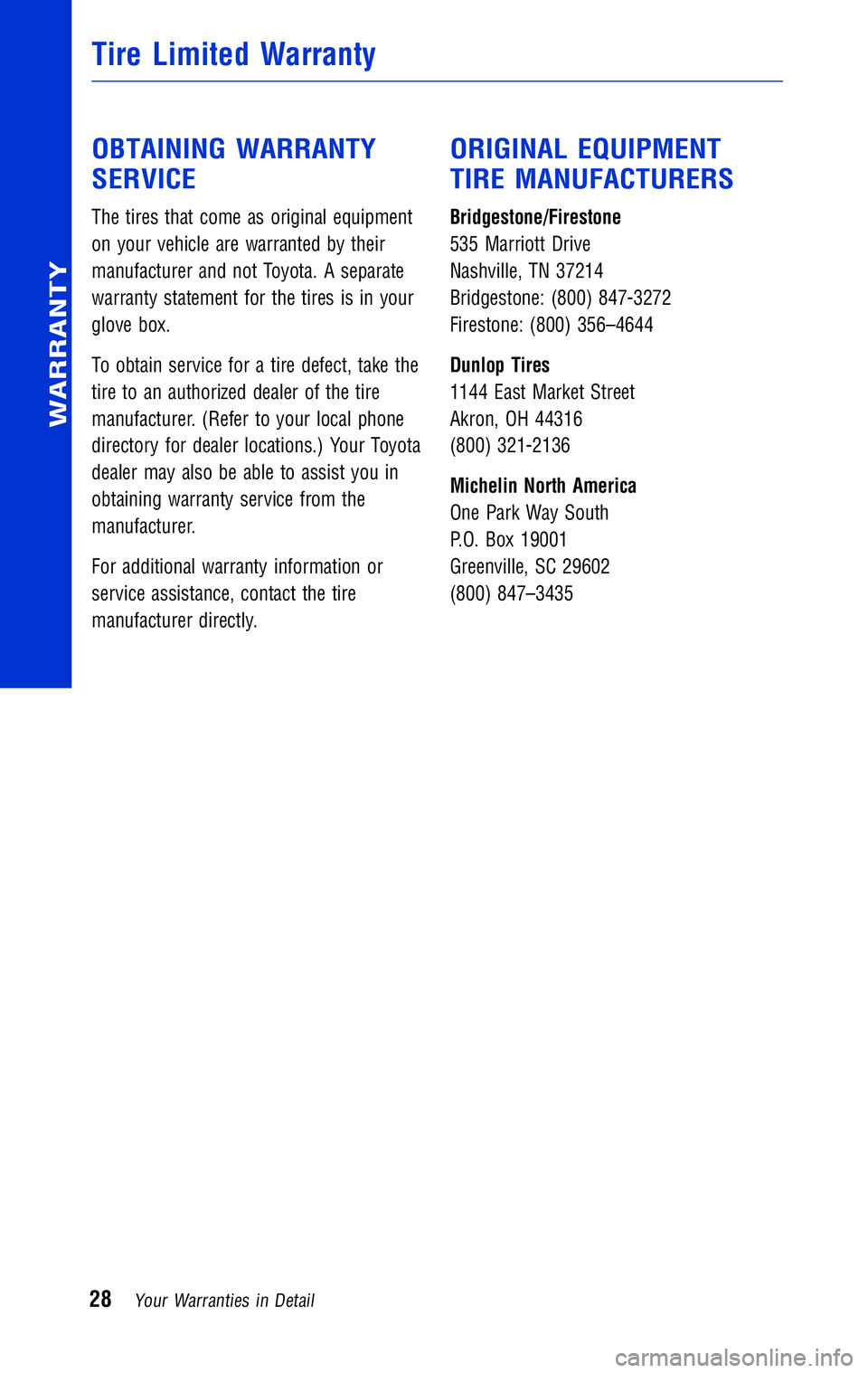 TOYOTA TACOMA 2011 Warranties & Maintenance Guides (in English) JOBNAME: 316782-2011-tac-toyw PAGE: 28 SESS: 12 OUTPUT: Wed May 19 10:51:33 2010
/tweddle/toyota/sched-maint/316782-en-tac/wg
OBTAINING WARRANTY
SERVICE
The tires that come as original equipment
on TOYOTA TACOMA 2011 Warranties & Maintenance Guides (in English) JOBNAME: 316782-2011-tac-toyw PAGE: 28 SESS: 12 OUTPUT: Wed May 19 10:51:33 2010
/tweddle/toyota/sched-maint/316782-en-tac/wg
OBTAINING WARRANTY
SERVICE
The tires that come as original equipment
on