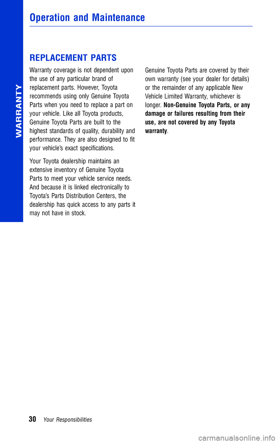 TOYOTA TACOMA 2011 Warranties & Maintenance Guides (in English) JOBNAME: 316782-2011-tac-toyw PAGE: 30 SESS: 13 OUTPUT: Wed May 19 10:51:33 2010
/tweddle/toyota/sched-maint/316782-en-tac/wg
REPLACEMENT PARTS
Warranty coverage is not dependent upon
the use of any TOYOTA TACOMA 2011 Warranties & Maintenance Guides (in English) JOBNAME: 316782-2011-tac-toyw PAGE: 30 SESS: 13 OUTPUT: Wed May 19 10:51:33 2010
/tweddle/toyota/sched-maint/316782-en-tac/wg
REPLACEMENT PARTS
Warranty coverage is not dependent upon
the use of any