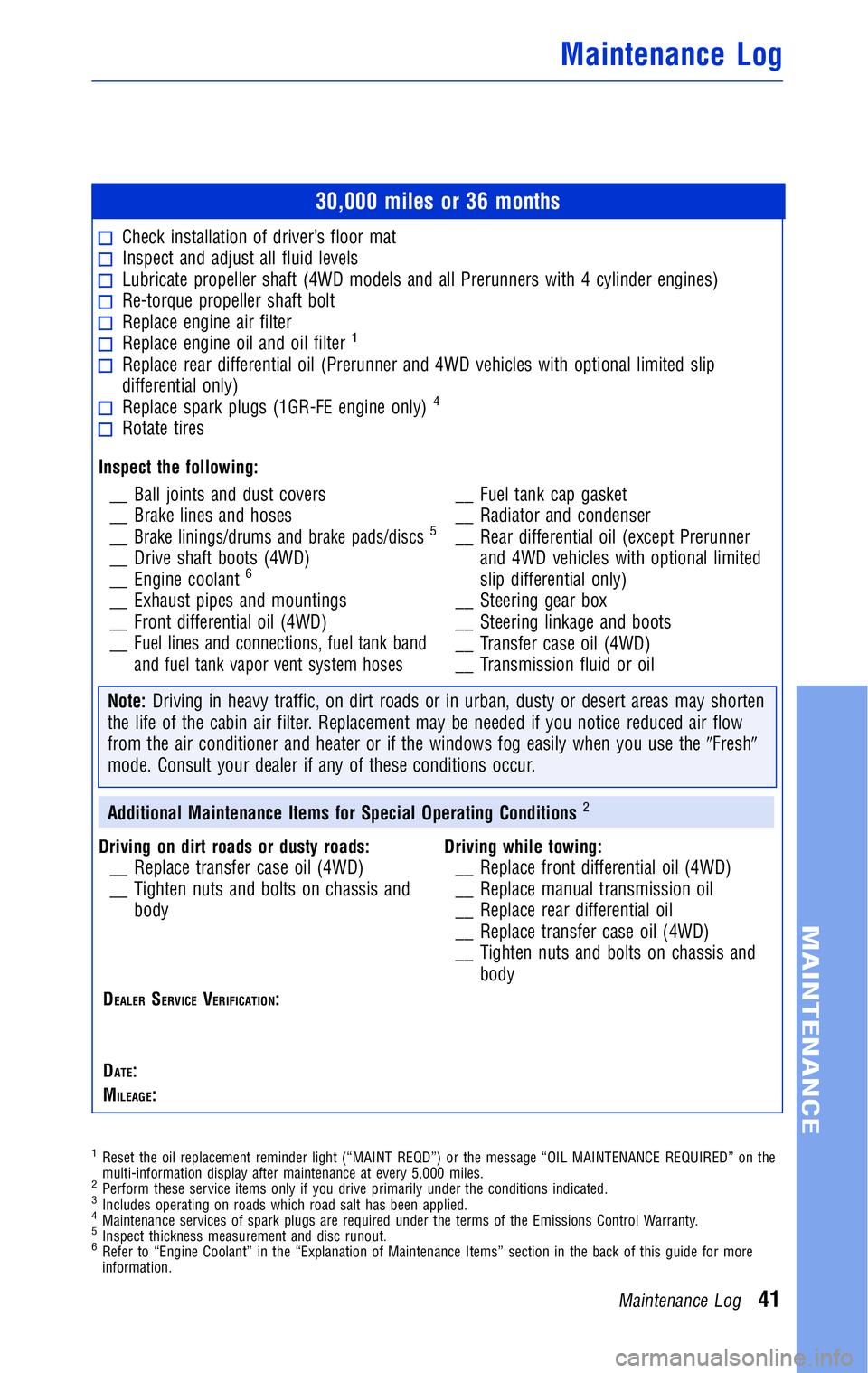 TOYOTA TACOMA 2011 Warranties & Maintenance Guides (in English) JOBNAME: 316782-2011-tac-toyw PAGE: 41 SESS: 12 OUTPUT: Wed May 19 10:51:33 2010
/tweddle/toyota/sched-maint/316782-en-tac/wg
30,000 miles or 36 months
Check installation of driver’s floor matInspe TOYOTA TACOMA 2011 Warranties & Maintenance Guides (in English) JOBNAME: 316782-2011-tac-toyw PAGE: 41 SESS: 12 OUTPUT: Wed May 19 10:51:33 2010
/tweddle/toyota/sched-maint/316782-en-tac/wg
30,000 miles or 36 months
Check installation of driver’s floor matInspe
