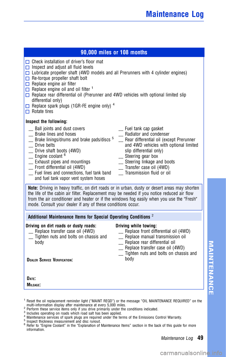 TOYOTA TACOMA 2011  Warranties & Maintenance Guides (in English) JOBNAME: 316782-2011-tac-toyw PAGE: 49 SESS: 12 OUTPUT: Wed May 19 10:51:33 2010 
/tweddle/toyota/sched-maint/316782-en-tac/wg
90,000 miles or 108 months
Check installation of driver’s floor matInsp