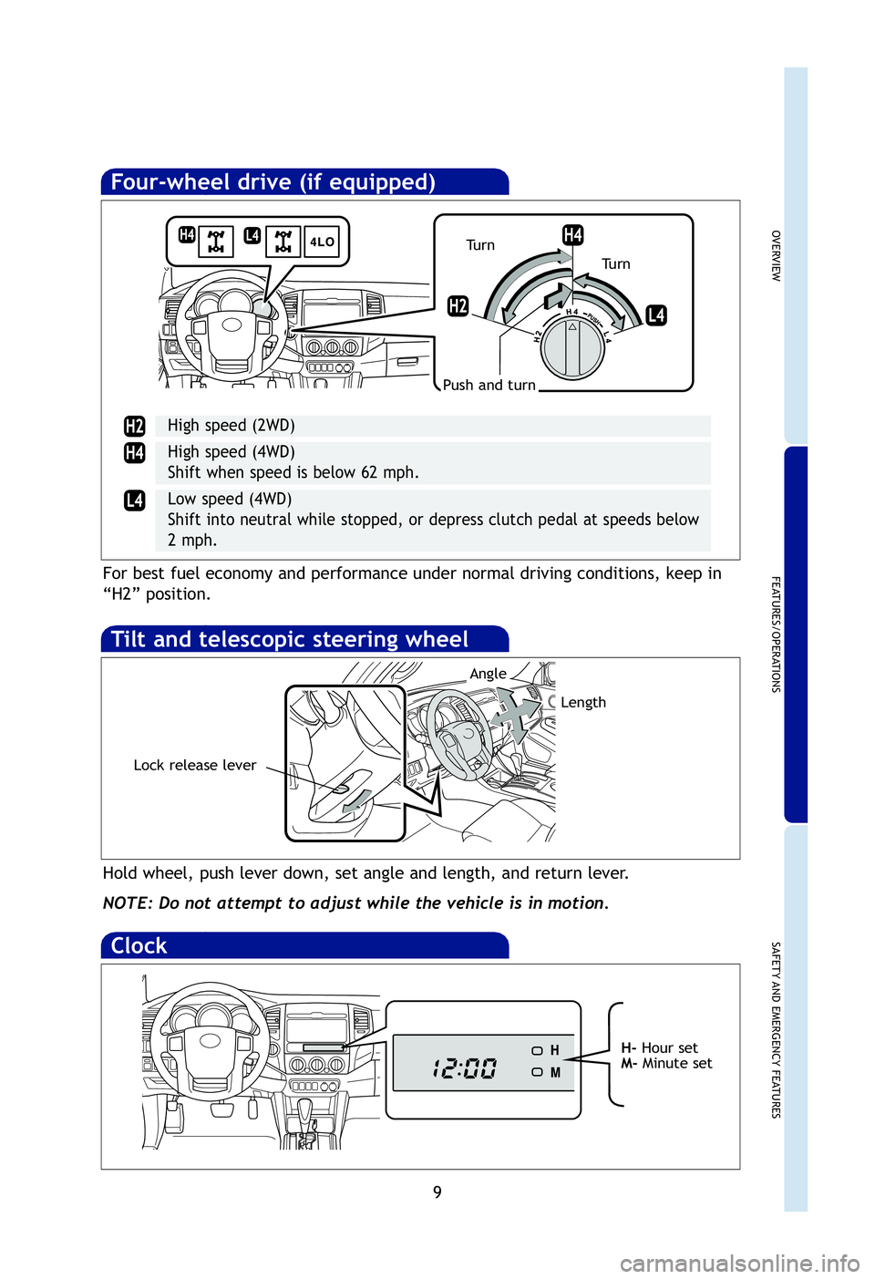 TOYOTA TACOMA 2012   (in English) User Guide OVERVIEW
FEATURES/OPERATIONS
SAFETY AND EMERGENCY FEATURES
9
Tilt and telescopic steering wheel
Hold wheel, push lever down, set angle and length, and return lever.
NOTE: Do not attempt to adjust whil