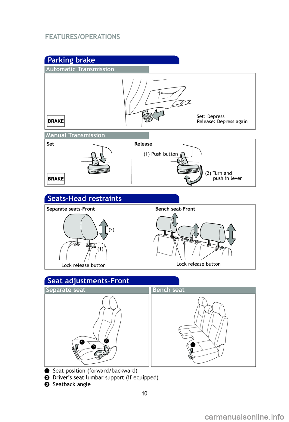 TOYOTA TACOMA 2012   (in English) User Guide 10
FEATURES/OPERATIONS
Parking brake
Manual Transmission
SetRelease
(2) Turn and push in lever
Automatic Transmission
Set: Depress
Release: Depress again
(1) Push button
Seat adjustments-Front
Separat