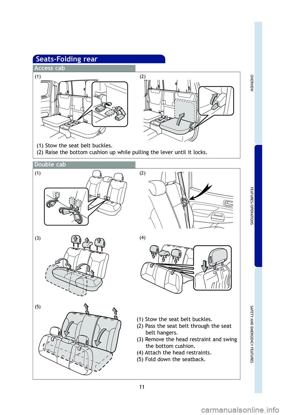 TOYOTA TACOMA 2012   (in English) User Guide OVERVIEW
FEATURES/OPERATIONS
SAFETY AND EMERGENCY FEATURES
11
Seats-Folding rear
Access cab
Double cab
(1)(2)
(1) Stow the seat belt buckles.
(2) Raise the bottom cushion up while pulling the lever un