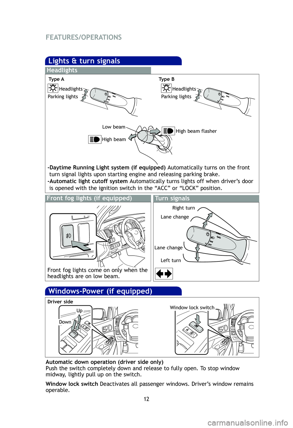 TOYOTA TACOMA 2012   (in English) User Guide 12
FEATURES/OPERATIONS
Lights & turn signals
Turn signals
Headlights
High beam flasher
Low beam
Front fog lights (if equipped)
Headlights
-Daytime Running Light system (if equipped) 
Automatically tur