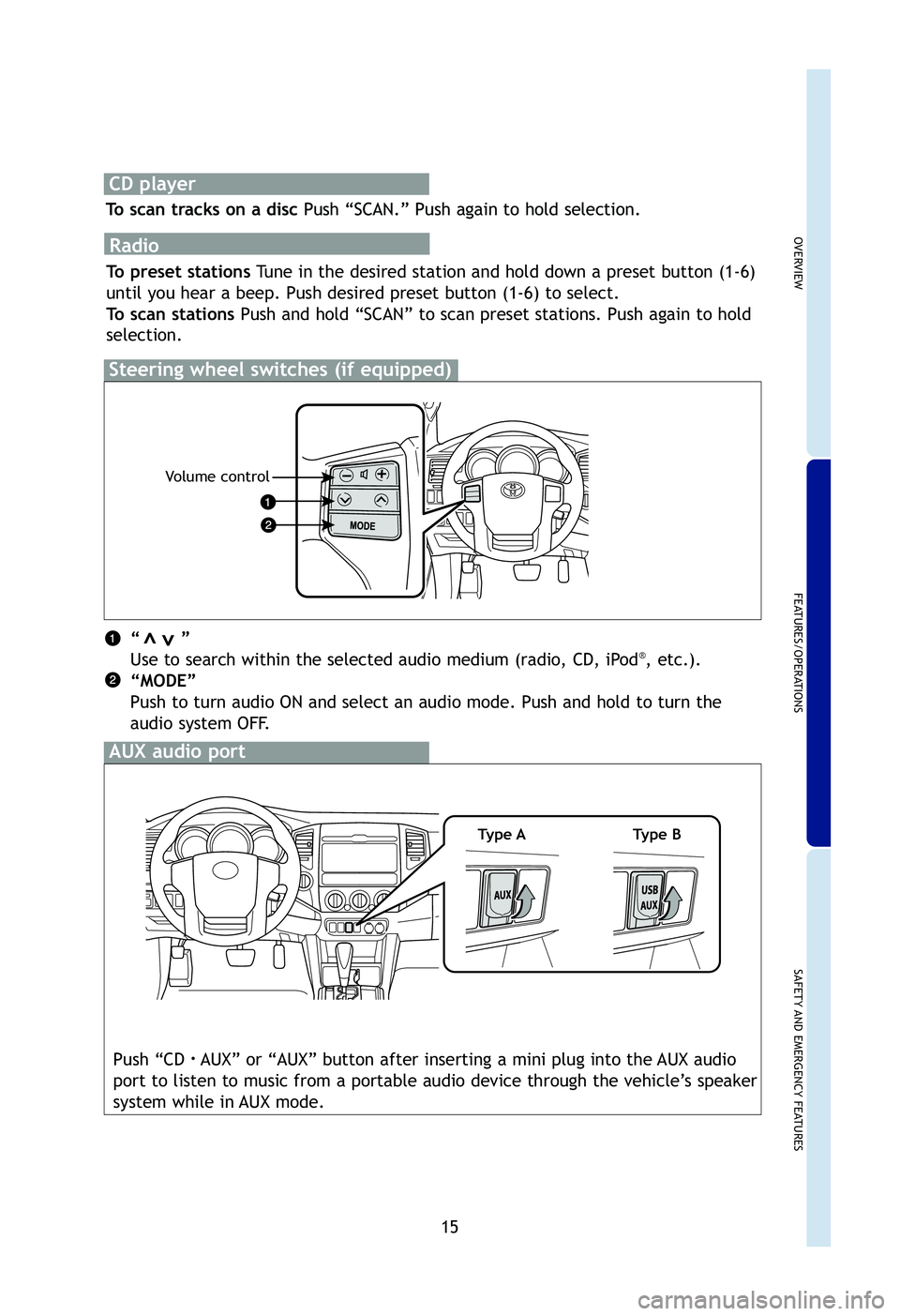 TOYOTA TACOMA 2012   (in English) User Guide 
OVERVIEW

FEATURES/OPERATIONS

SAFETY AND EMERGENCY FEATURES

15
“       ”
Use to search within the selected audio medium (radio, CD, iPod®, etc.).
“MODE”
Push to turn audio ON and select an