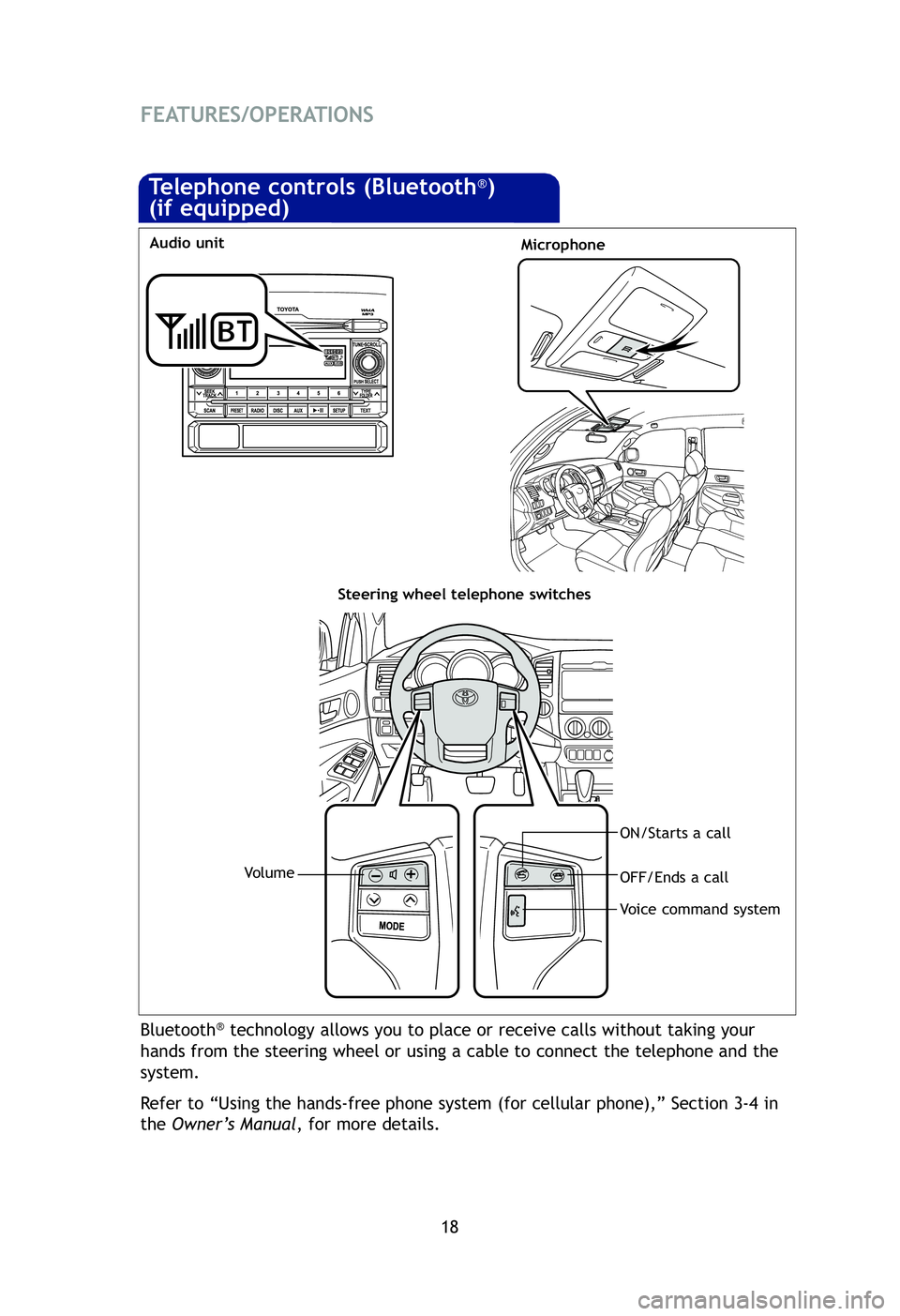 TOYOTA TACOMA 2012   (in English) User Guide 18
FEATURES/OPERATIONS
Bluetooth®technology allows you to place or receive calls without taking your
hands from the steering wheel or using a cable to connect the telephone \
and the
system. 
Refer t