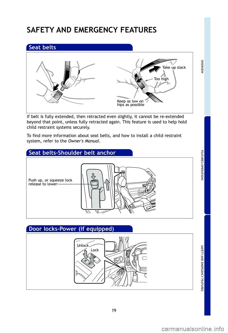 TOYOTA TACOMA 2012   (in English) Owners Manual OVERVIEW
FEATURES/OPERATIONS
SAFETY AND EMERGENCY FEATURES
19
SAFETY AND EMERGENCY FEATURES
If belt is fully extended, then retracted even slightly, it cannot be re-extended
beyond that point, unless 