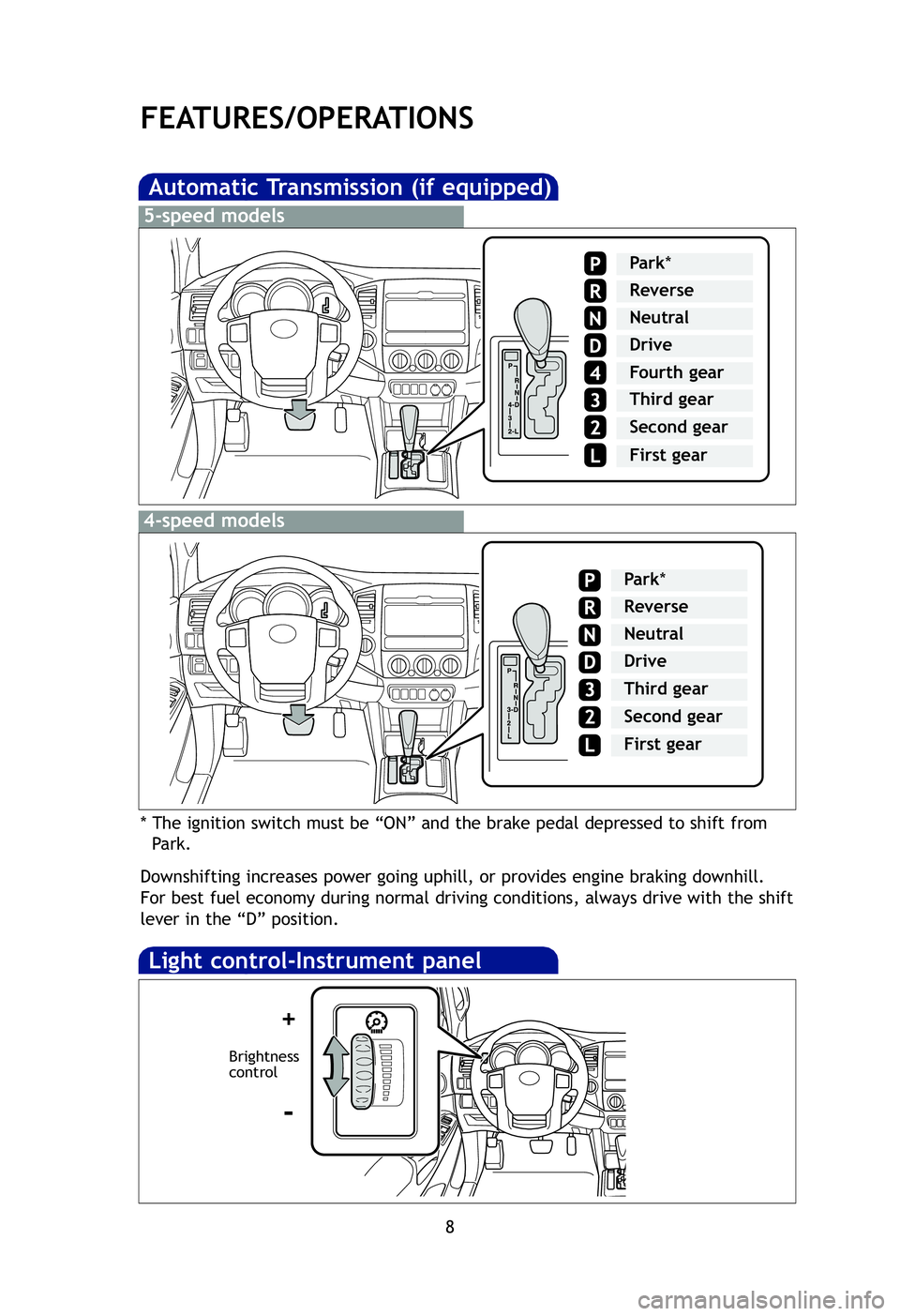 TOYOTA TACOMA 2012 Owners Manual (in English) 8
FEATURES/OPERATIONS
Automatic Transmission (if equipped)
* The ignition switch must be “ON” and the brake pedal depressed to \
shift from Park.
Downshifting increases power going uphill, or prov TOYOTA TACOMA 2012 Owners Manual (in English) 8
FEATURES/OPERATIONS
Automatic Transmission (if equipped)
* The ignition switch must be “ON” and the brake pedal depressed to \
shift from Park.
Downshifting increases power going uphill, or prov