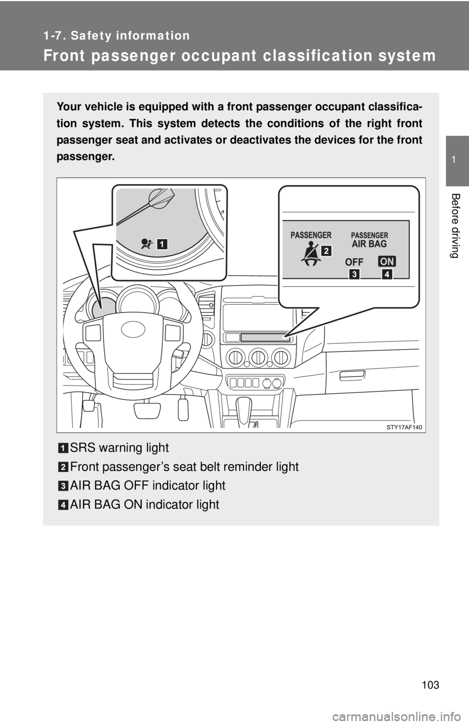 TOYOTA TACOMA 2012 Owners Manual (in English) 103
1
1-7. Safety information
Before driving
Front passenger occupant classification system
Your vehicle is equipped with a front passenger occupant classifica-
tion system. This system detects the co TOYOTA TACOMA 2012 Owners Manual (in English) 103
1
1-7. Safety information
Before driving
Front passenger occupant classification system
Your vehicle is equipped with a front passenger occupant classifica-
tion system. This system detects the co