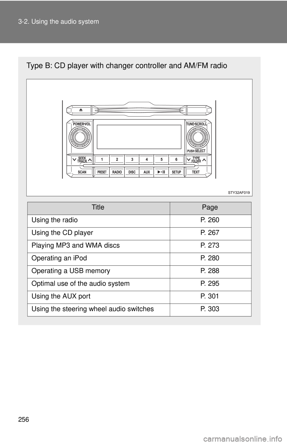 TOYOTA TACOMA 2012  Owners Manual (in English) 256 3-2. Using the audio system
Type B: CD player with changer controller and AM/FM radio
TitlePage
Using the radioP. 260
Using the CD playerP. 267
Playing MP3 and WMA discsP. 273
Operating an iPodP. 