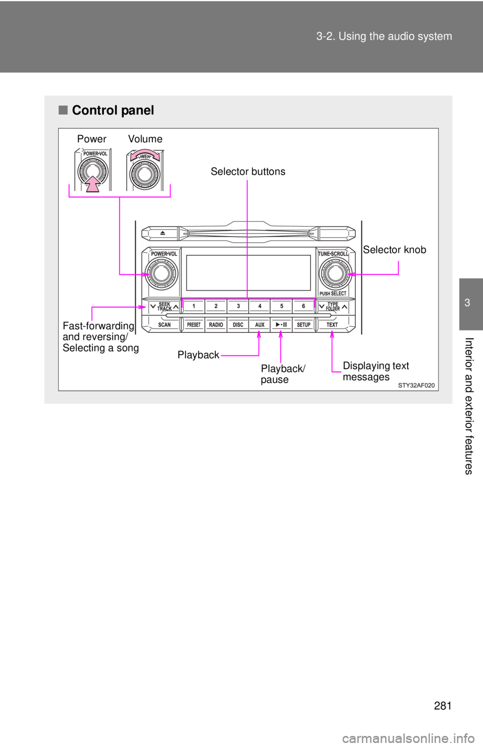 TOYOTA TACOMA 2012  Owners Manual (in English) 281
3-2. Using the audio system
3
Interior and exterior features
■
Control panel
Fast-forwarding 
and reversing/
Selecting a song
Playback Selector knob
Selector buttons
Vo lu m e
Power
Displaying t