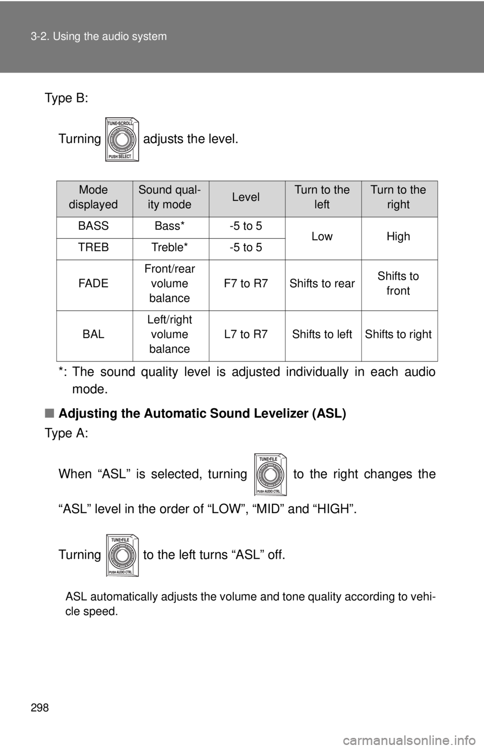 TOYOTA TACOMA 2012  Owners Manual (in English) 298 3-2. Using the audio system
Type B:Turning   adjusts the level.
*: The sound quality level is adjusted individually in each audiomode.
■ Adjusting the Automatic Sound Levelizer (ASL)
Type A:
Whe