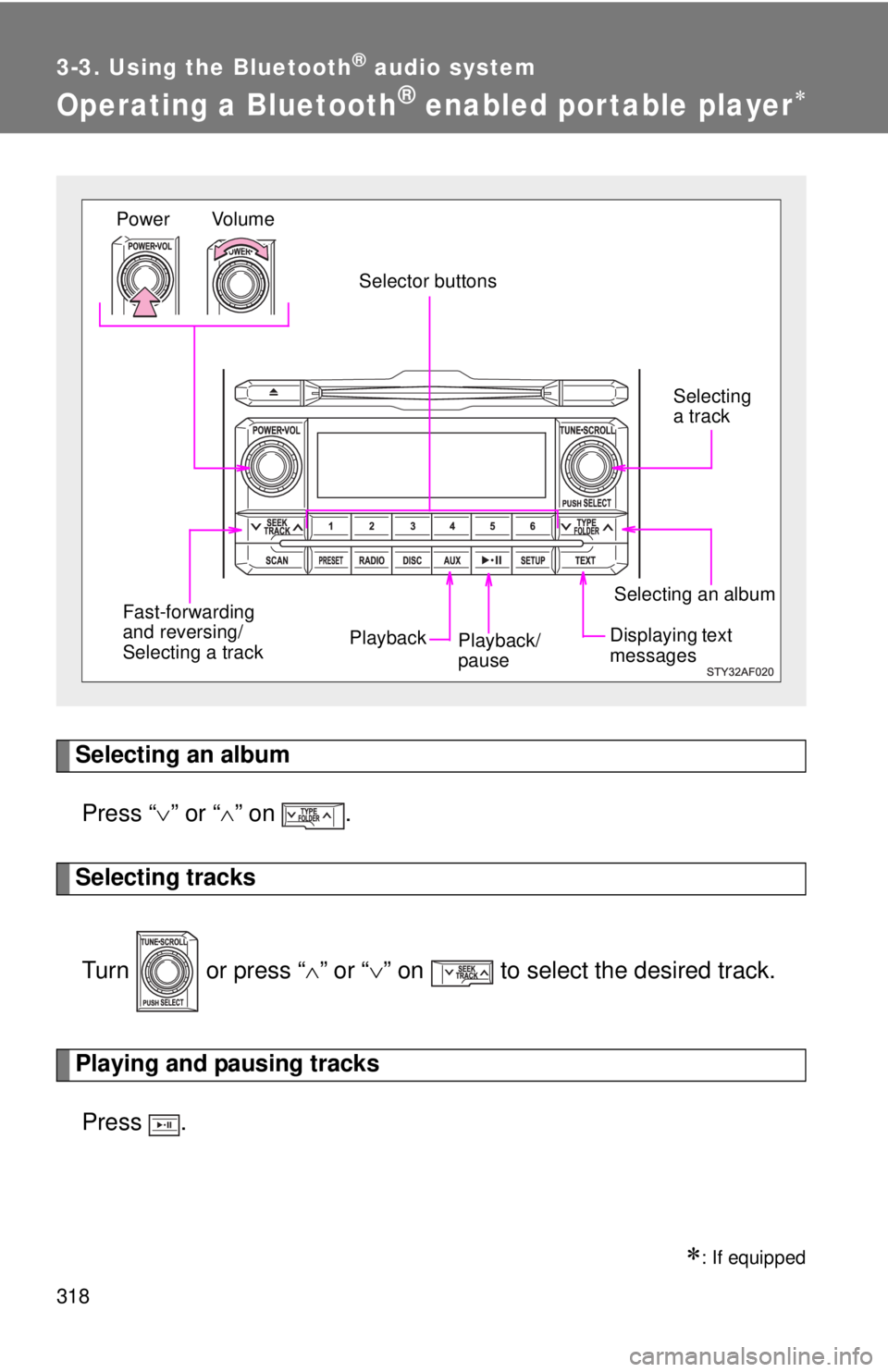 TOYOTA TACOMA 2012  Owners Manual (in English) 318
3-3. Using the Bluetooth® audio system
Operating a Bluetooth® enabled portable player
Selecting an albumPress “ ” or “ ” on  .
Selecting tracks
Turn   or press “ ” or “