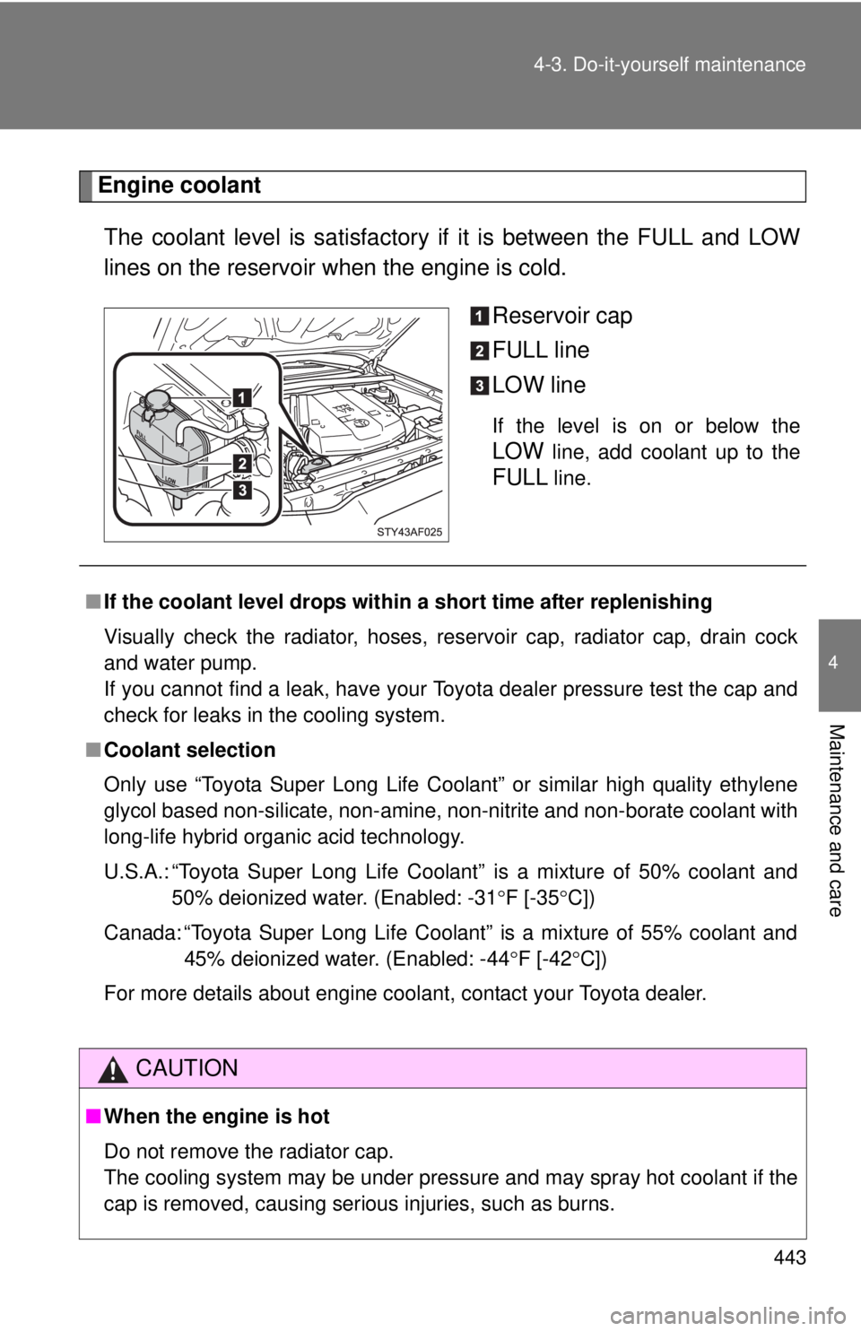 TOYOTA TACOMA 2012 Owners Manual (in English) 443
4-3. Do-it-yourself maintenance
4
Maintenance and care
Engine coolant
The coolant level is satisfactory if it is between the FULL and LOW
lines on the reservoir when the engine is cold.
Reservoir TOYOTA TACOMA 2012 Owners Manual (in English) 443
4-3. Do-it-yourself maintenance
4
Maintenance and care
Engine coolant
The coolant level is satisfactory if it is between the FULL and LOW
lines on the reservoir when the engine is cold.
Reservoir