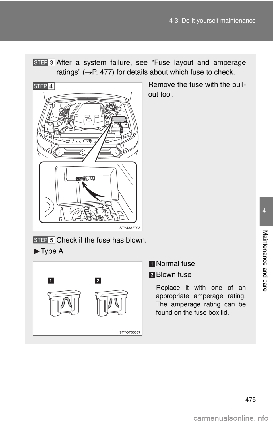 TOYOTA TACOMA 2012  Owners Manual (in English) 475
4-3. Do-it-yourself maintenance
4
Maintenance and care
After a system failure, s
ee “Fuse layout and amperage
ratings” ( P. 477) for details about which fuse to check.
Remove the fuse with 