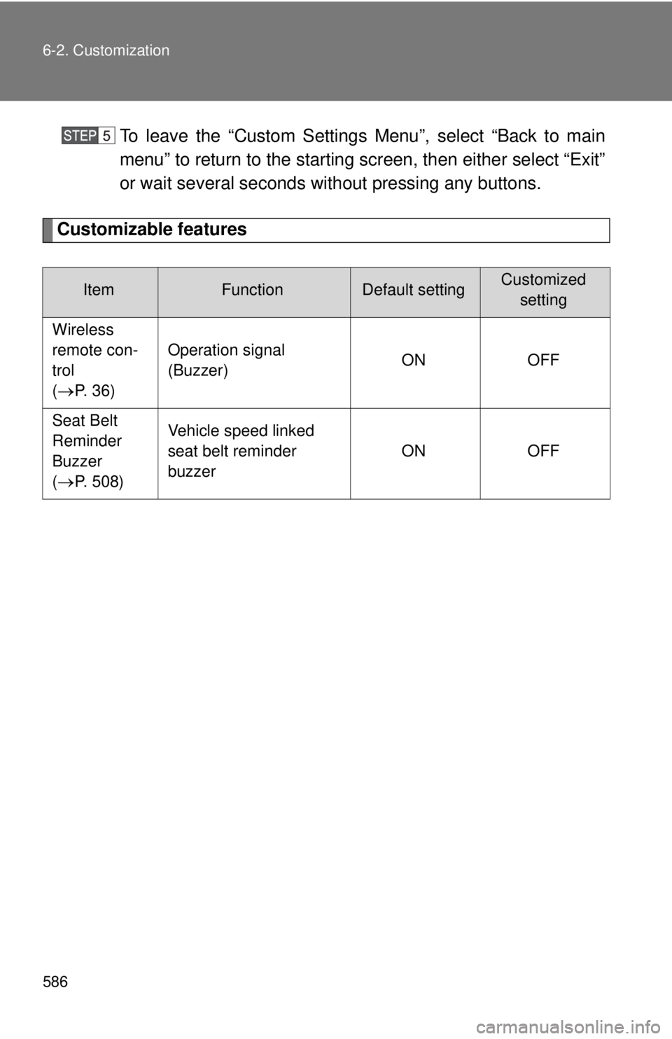 TOYOTA TACOMA 2012 Owners Manual (in English) 586 6-2. Customization
To leave the “Custom Settings Menu”, select “Back to main
menu” to return to the starting screen, then either select “Exit”
or wait several seconds wi thout pressing TOYOTA TACOMA 2012 Owners Manual (in English) 586 6-2. Customization
To leave the “Custom Settings Menu”, select “Back to main
menu” to return to the starting screen, then either select “Exit”
or wait several seconds wi thout pressing