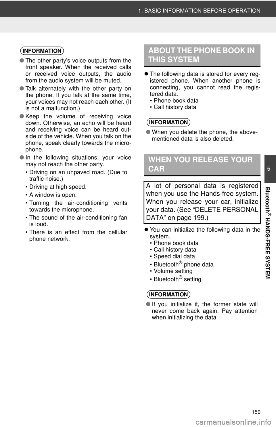 TOYOTA TACOMA 2012  Accessories, Audio & Navigation (in English) 159
1. BASIC INFORMATION BEFORE OPERATION
5
Bluetooth
® HANDS-FREE SYSTEM
The following data is stored for every reg-
istered phone. When another phone is
connecting, you cannot read the regis-
te