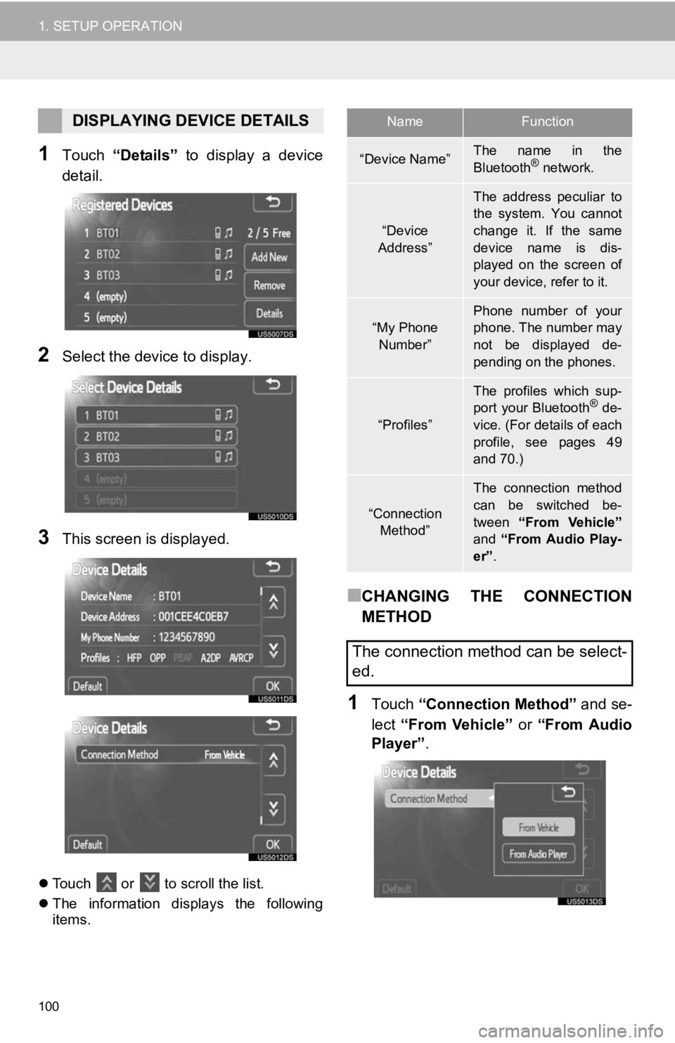 TOYOTA TACOMA 2012  Accessories, Audio & Navigation (in English) 100
1. SETUP OPERATION
1Touch “Details”   to  display  a  device
detail.
2Select the device to display.
3This screen is displayed.
 Touch   or  to scroll the list.
 The  information  display