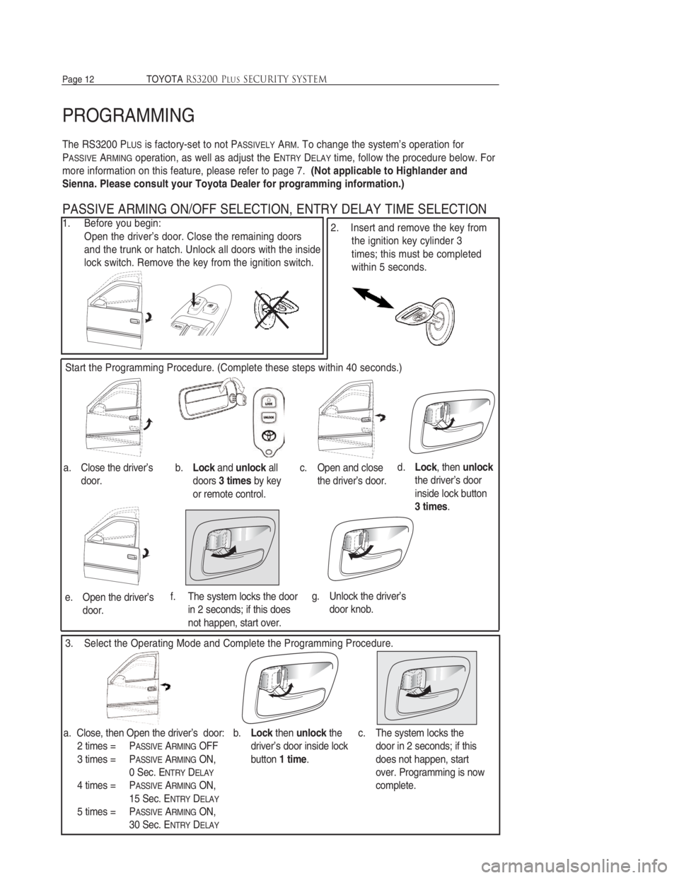 TOYOTA TACOMA 2012 Accessories, Audio & Navigation (in English)
PROGRAMMING
The RS3200 PLUSis factory-set to not PASSIVELYARM. To change the system’s operation for
PASSIVEARMINGoperation, as well as adjust the ENTRYDELAYtime, follow the procedure below. For
mor TOYOTA TACOMA 2012 Accessories, Audio & Navigation (in English)
PROGRAMMING
The RS3200 PLUSis factory-set to not PASSIVELYARM. To change the system’s operation for
PASSIVEARMINGoperation, as well as adjust the ENTRYDELAYtime, follow the procedure below. For
mor