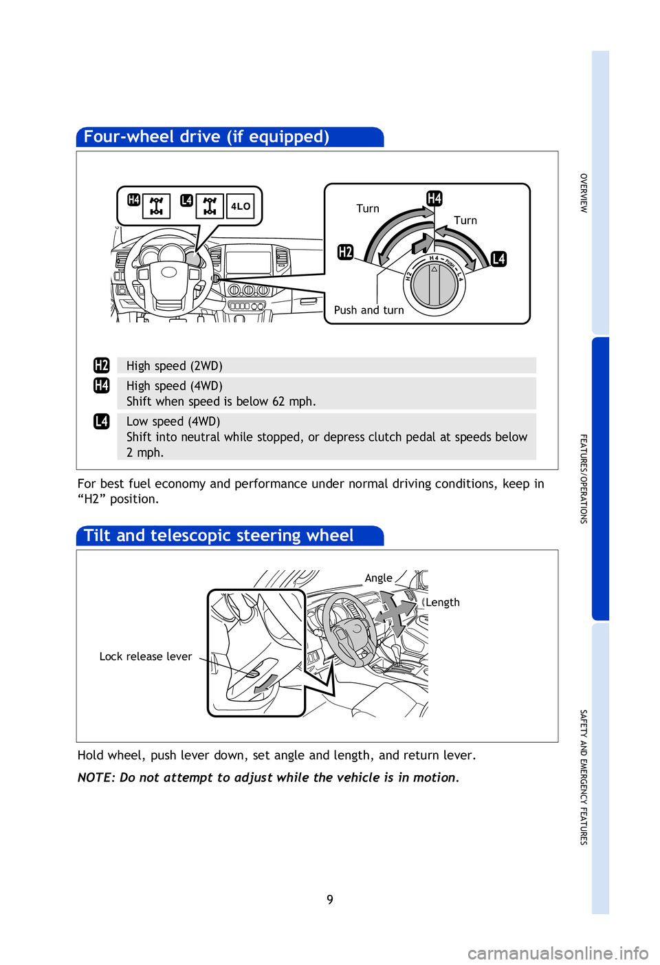 TOYOTA TACOMA 2013   (in English) User Guide OVERVIEW
FEATURES/OPERATIONS
SAFETY AND EMERGENCY FEATURES
9
* The ignition switch must be “ON” and the brake pedal depressed to shift from 
Park.
Downshifting increases power going uphill, or pro