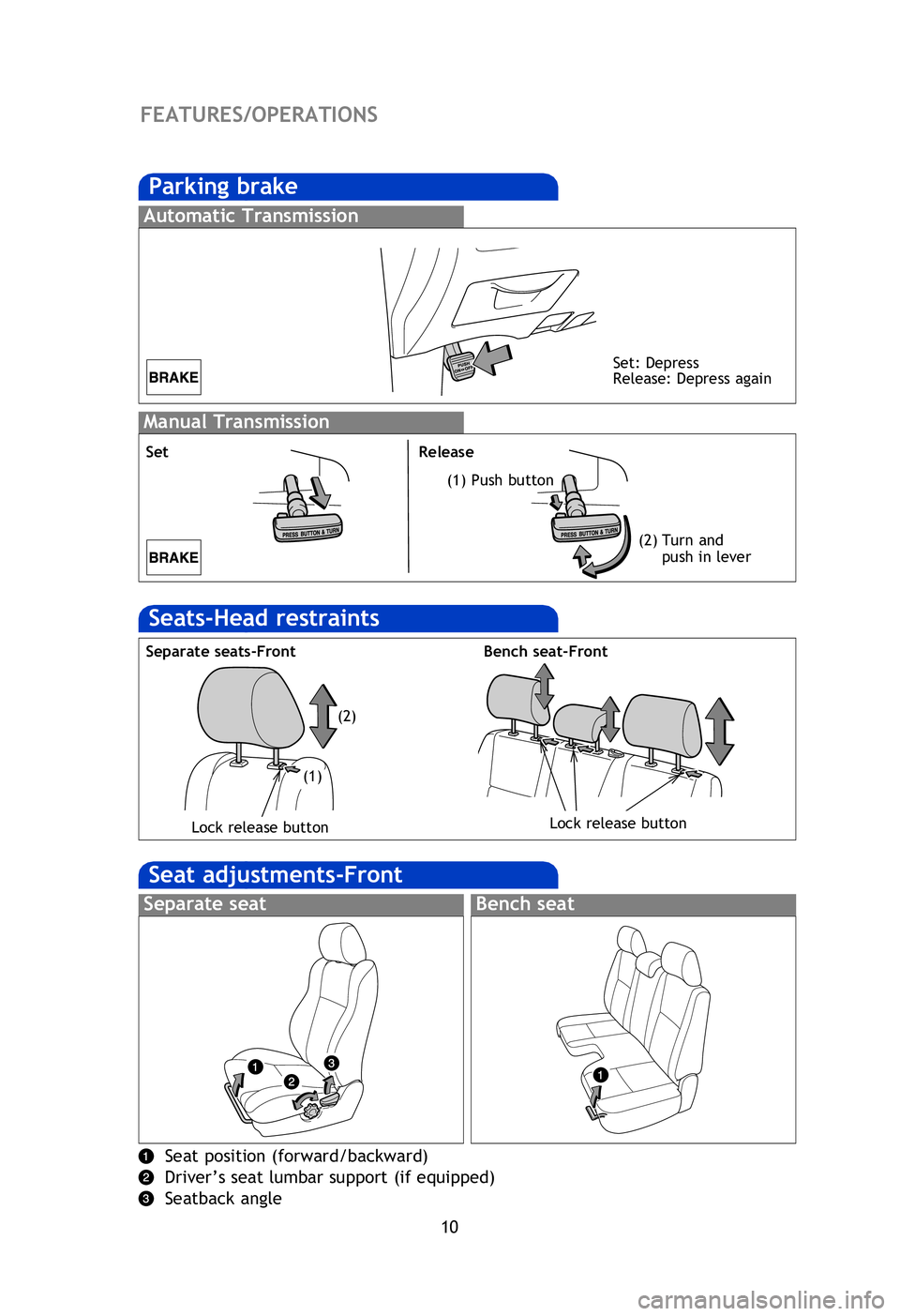 TOYOTA TACOMA 2013   (in English) User Guide 10
FEATURES/OPERATIONS
Parking brake
Manual Transmission
SetRelease
(2) Turn and 
push in lever
Automatic Transmission
Set: Depress
Release: Depress again
(1) Push button
Seat adjustments-Front
Separa