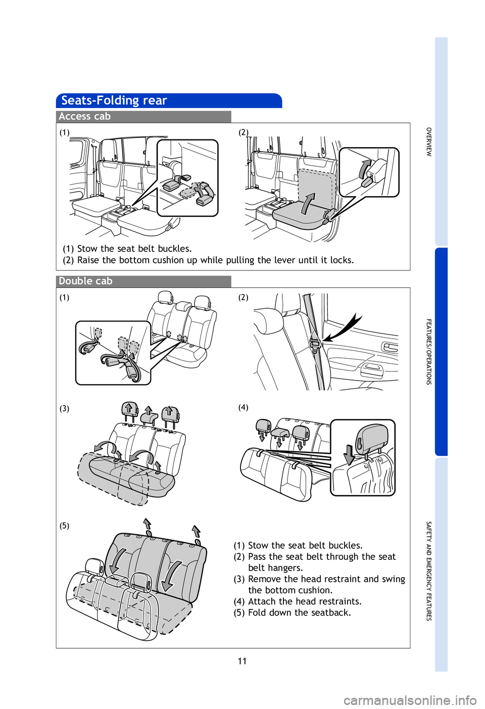 TOYOTA TACOMA 2013   (in English) User Guide OVERVIEW
FEATURES/OPERATIONS
SAFETY AND EMERGENCY FEATURES
11
Set: Depress
Release: Depress again
Seat position (forward/backward)
Driver’s seat lumbar support (if equipped)
Seatback angle
Seats-Fol