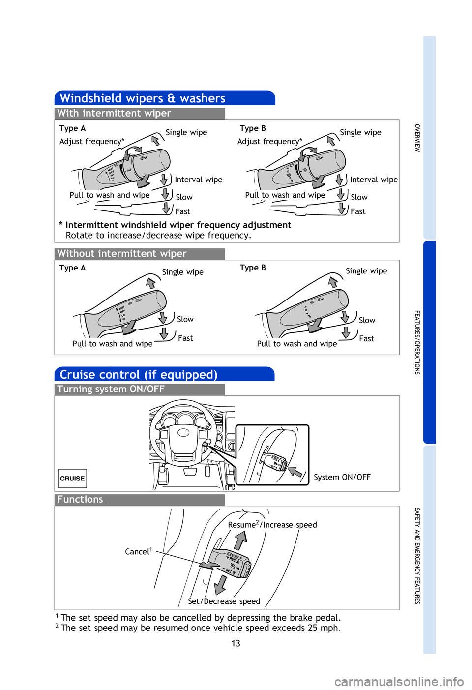 TOYOTA TACOMA 2013   (in English) User Guide OVERVIEW
FEATURES/OPERATIONS
SAFETY AND EMERGENCY FEATURES
13
Cruise control (if equipped)
1  The set speed may also be cancelled by depressing the brake pedal.2 The set speed may be resumed once vehi