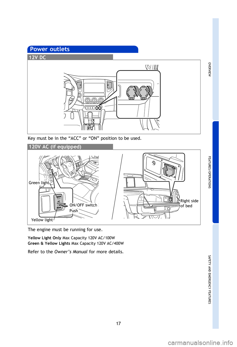 TOYOTA TACOMA 2013   (in English) User Guide OVERVIEW
FEATURES/OPERATIONS
SAFETY AND EMERGENCY FEATURES
17
Fan speed
Temperature selector
Airflow vent
In “
” or “” mode, use fresh air (“” indicator OFF) to reduce window 
fogging.
Rec