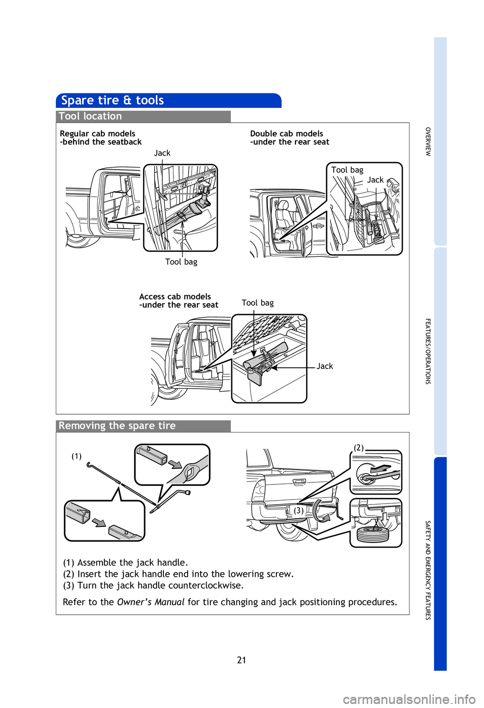 TOYOTA TACOMA 2013   (in English) Owners Manual OVERVIEW
FEATURES/OPERATIONS
SAFETY AND EMERGENCY FEATURES
21
After adjusting tire pressures, or after tires have been rotated or replaced, turn 
the ignition switch to “ON” and press and hold the