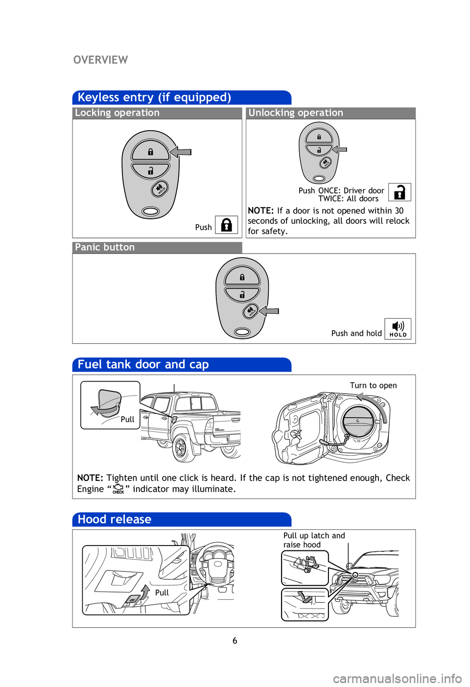 TOYOTA TACOMA 2013  Owners Manual (in English) 6
OVERVIEW
Fuel tank door and cap
Hood release
NOTE: Tighten until one click is heard. If the cap is not tightened enough, Check 
Engine “
” indicator may illuminate.
Pull up latch and 
raise hood