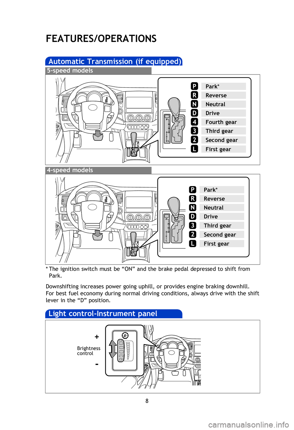 TOYOTA TACOMA 2013 Owners Manual (in English) 8
FEATURES/OPERATIONS
Automatic Transmission (if equipped)
* The ignition switch must be “ON” and the brake pedal depressed to shift from
Park.
Downshifting increases power going uphill, or provi TOYOTA TACOMA 2013 Owners Manual (in English) 8
FEATURES/OPERATIONS
Automatic Transmission (if equipped)
* The ignition switch must be “ON” and the brake pedal depressed to shift from
Park.
Downshifting increases power going uphill, or provi