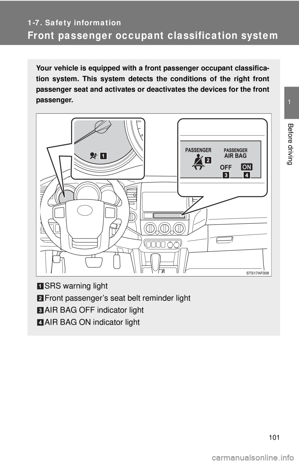 TOYOTA TACOMA 2013  Owners Manual (in English) 101
1
1-7. Safety information
Before driving
Front passenger occupant classification system
Your vehicle is equipped with a front passenger occupant classifica-
tion system. This system detects the co