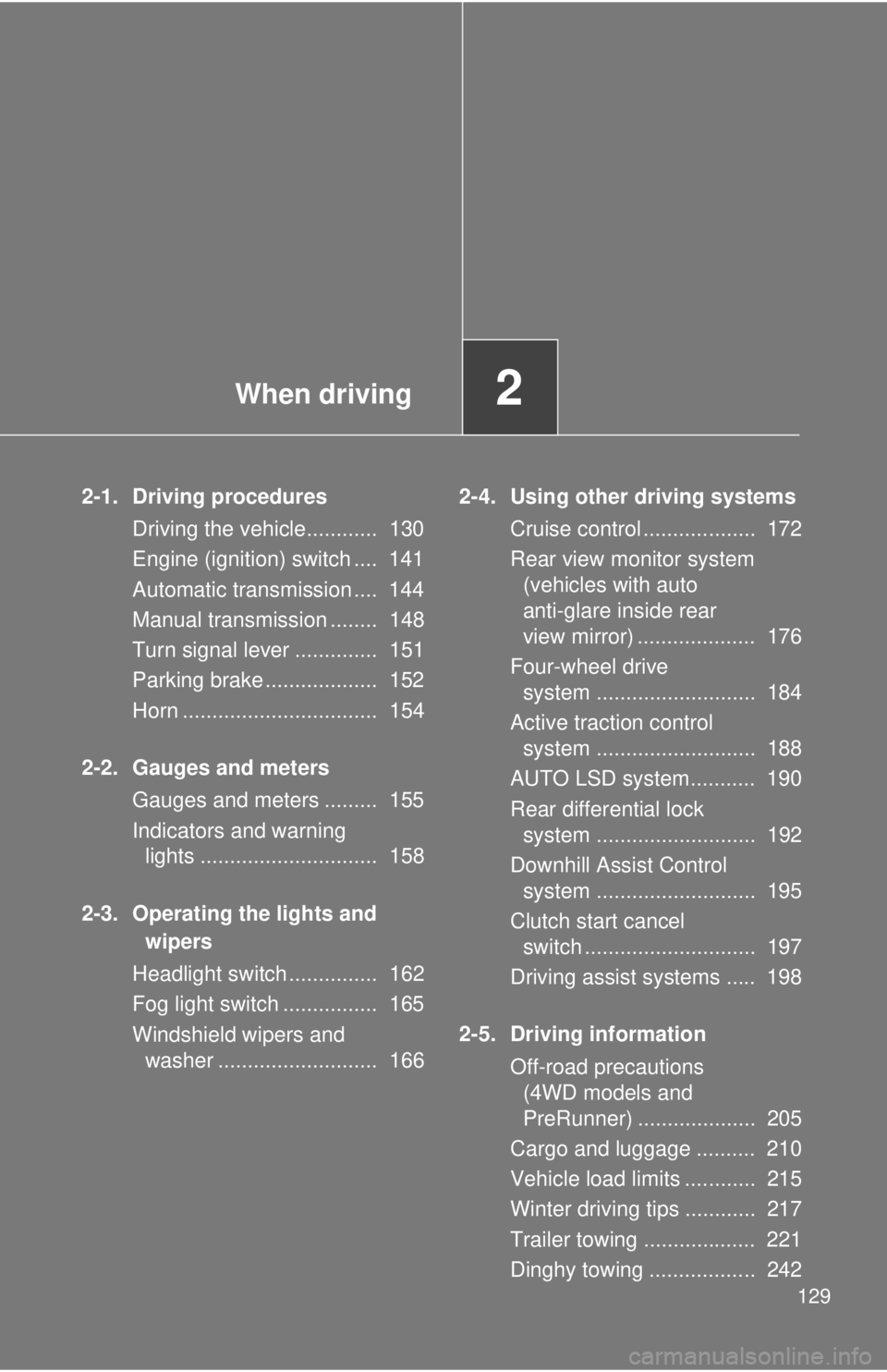 TOYOTA TACOMA 2013 Owners Manual (in English) When driving2
129
2-1. Driving proceduresDriving the vehicle............ 130
Engine (ignition) switch .... 141
Automatic transmission .... 144
Manual transmission ........ 148
Turn signal lever .. TOYOTA TACOMA 2013 Owners Manual (in English) When driving2
129
2-1. Driving proceduresDriving the vehicle............ 130
Engine (ignition) switch .... 141
Automatic transmission .... 144
Manual transmission ........ 148
Turn signal lever ..