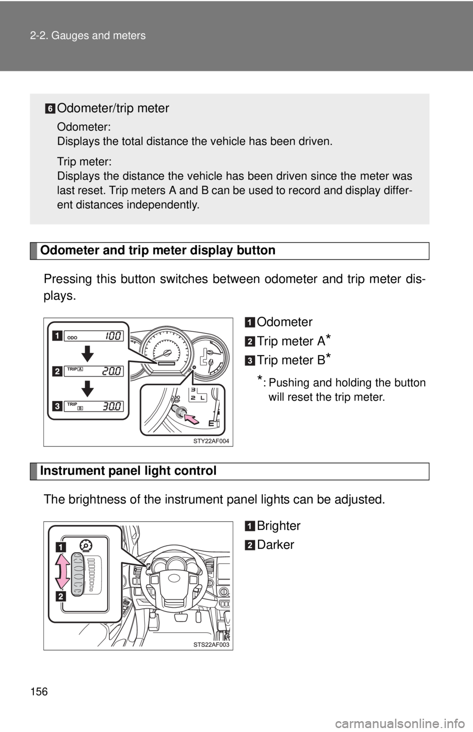 TOYOTA TACOMA 2013  Owners Manual (in English) 156 2-2. Gauges and meters
Odometer and trip meter display buttonPressing this button switches  between odometer and trip meter dis-
plays.
Odometer
Trip meter A
*
Trip meter B*
*
: Pushing and holdin