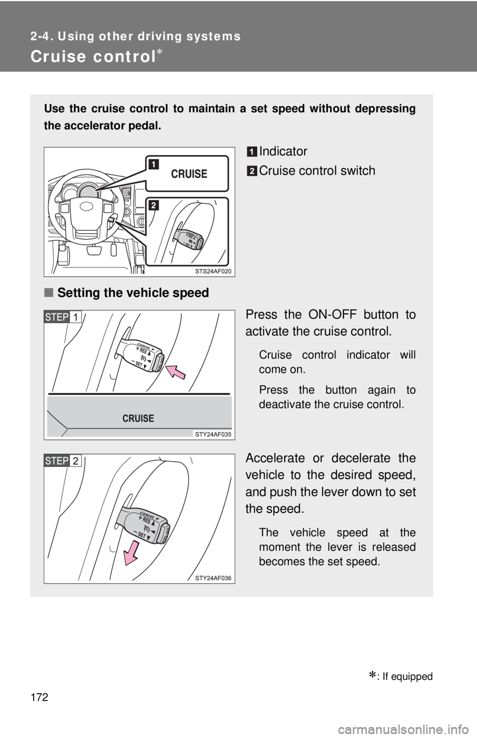 TOYOTA TACOMA 2013  Owners Manual (in English) 172
2-4. Using other driving systems
Cruise control
: If equipped
Use the cruise control to maintain a set speed without depressing
the accelerator pedal.
Indicator
Cruise control switch
■ Set