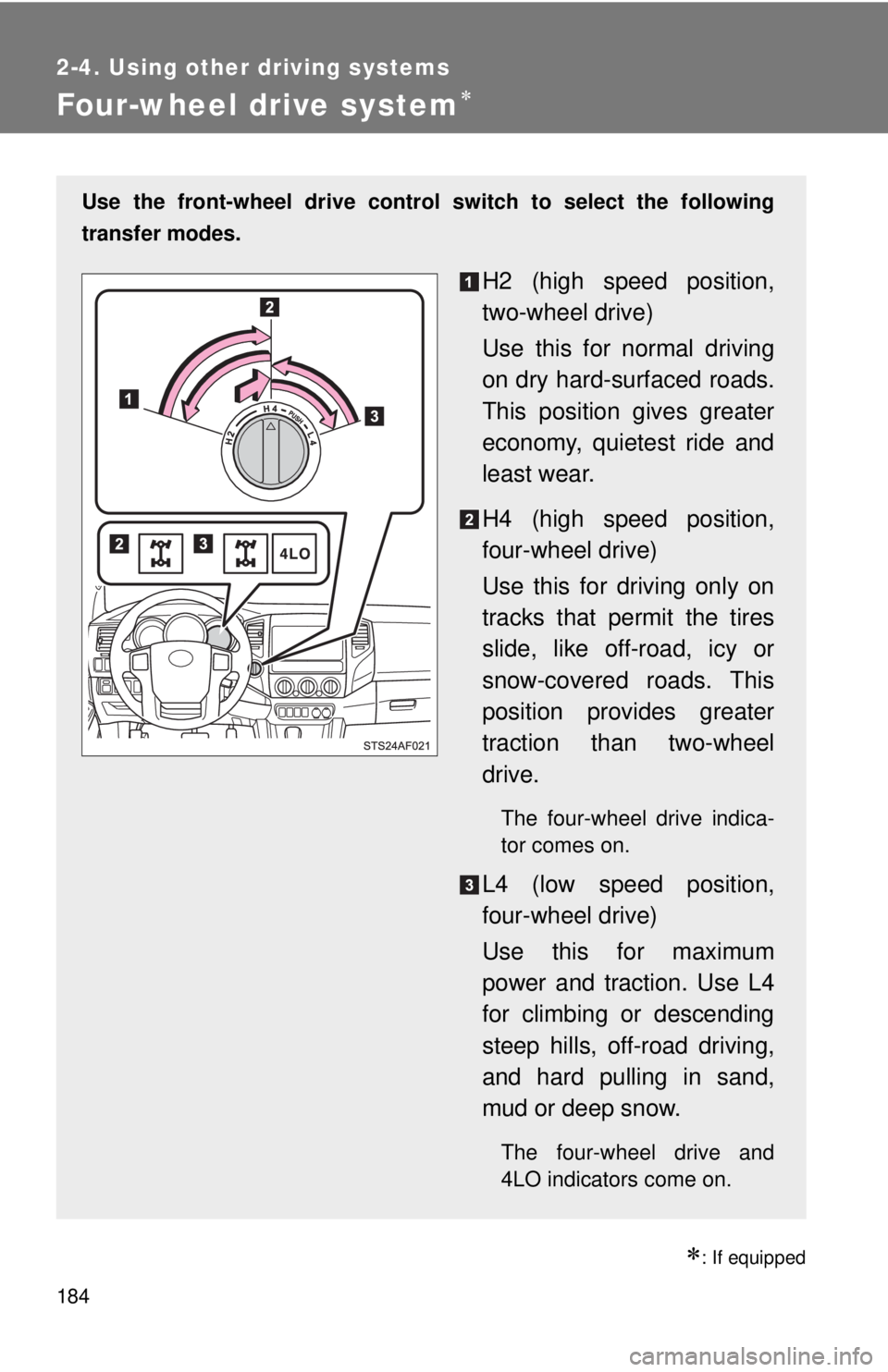 TOYOTA TACOMA 2013  Owners Manual (in English) 184
2-4. Using other driving systems
Four-wheel drive system
: If equipped
Use the front-wheel drive control switch to select the following
transfer modes.
H2 (high speed position,
two-wheel dri