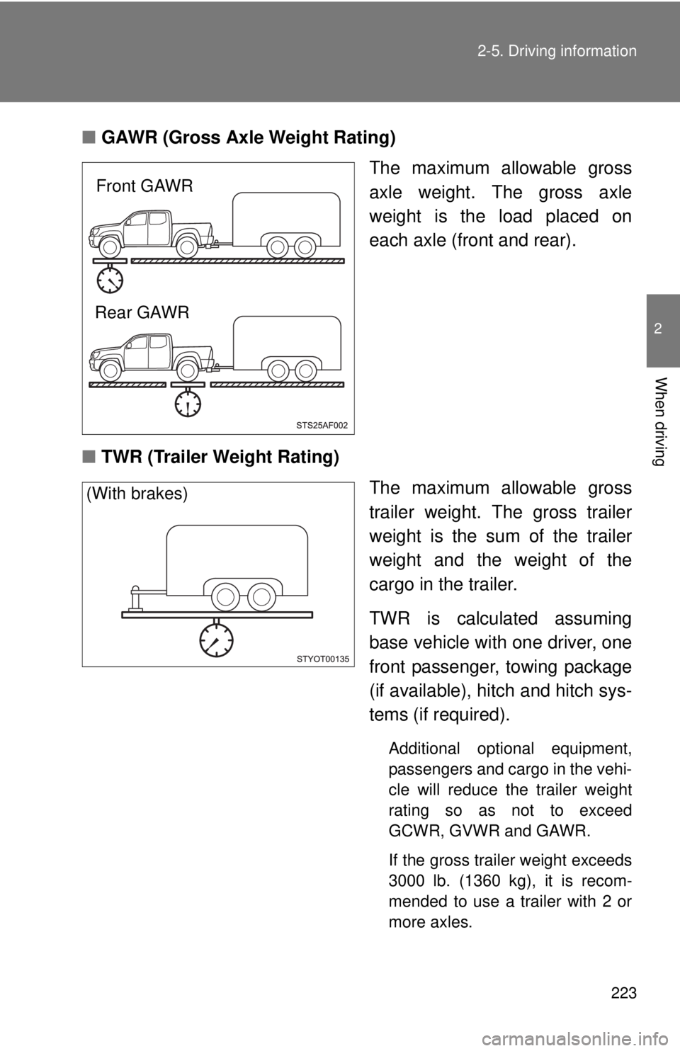 TOYOTA TACOMA 2013  Owners Manual (in English) 223
2-5. Driving information
2
When driving
■
GAWR (Gross Axle Weight Rating)
The maximum allowable gross
axle weight. The gross axle
weight is the load placed on
each axle (front and rear).
■ TWR