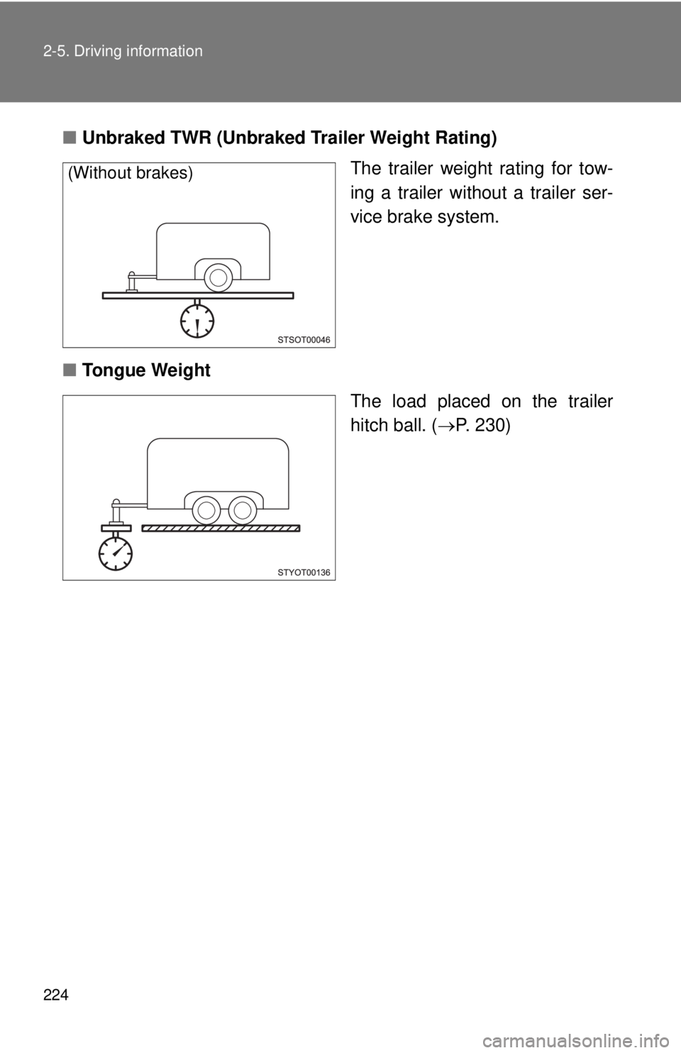 TOYOTA TACOMA 2013  Owners Manual (in English) 224 2-5. Driving information
■Unbraked TWR (Unbraked Trailer Weight Rating)
The trailer weight rating for tow-
ing a trailer without a trailer ser-
vice brake system.
■ Tongue Weight
The load plac