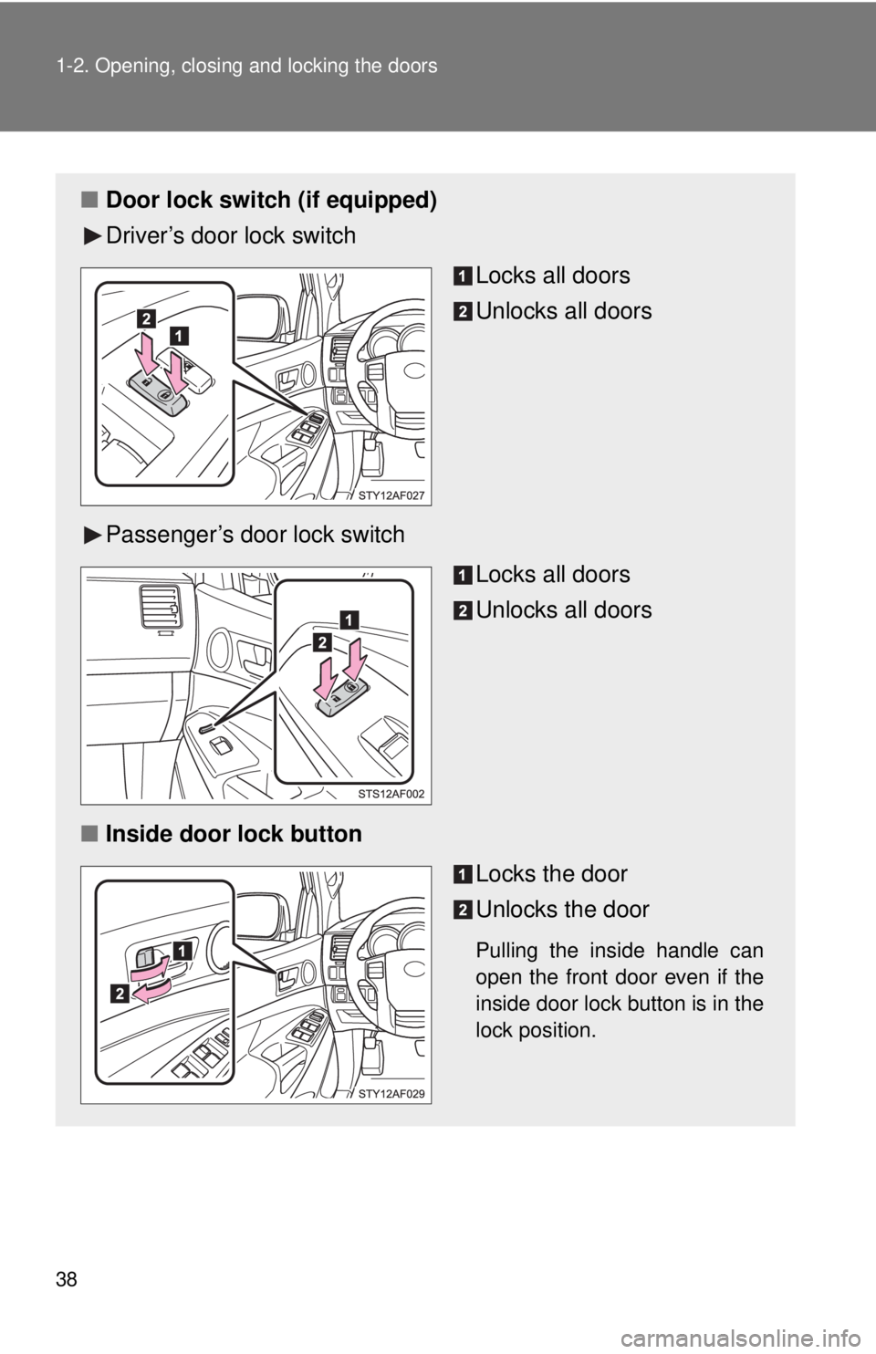 TOYOTA TACOMA 2013   (in English) Owners Guide 38 1-2. Opening, closing and locking the doors
■Door lock switch (if equipped)
Driver’s door lock switch
Locks all doors
Unlocks all doors
Passenger’s door lock switch Locks all doors
Unlocks al