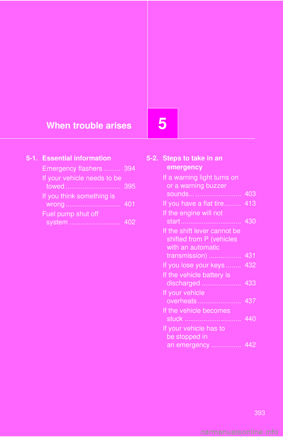 TOYOTA TACOMA 2013  Owners Manual (in English) When trouble arises5
393
5-1. Essential informationEmergency flashers .........  394
If your vehicle needs to be towed .............................  395
If you think something is  wrong .............