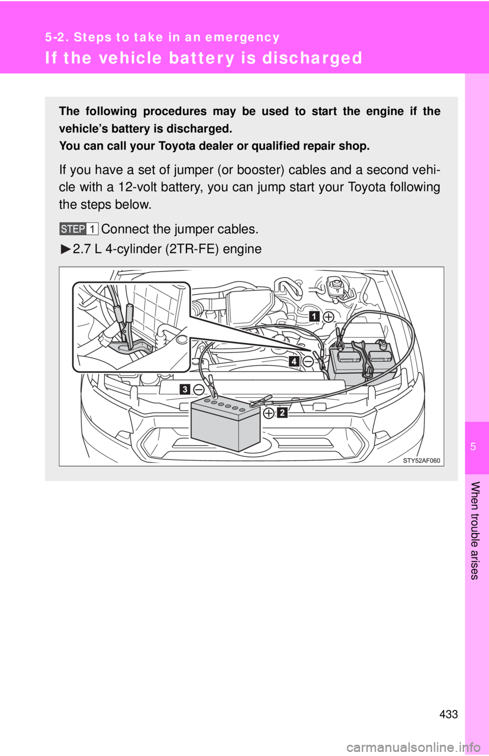 TOYOTA TACOMA 2013  Owners Manual (in English) 5
When trouble arises
433
5-2. Steps to take in an emergency
If the vehicle batter y is discharged
The following procedures may be used to start the engine if the
vehicle’s battery is discharged.
Yo