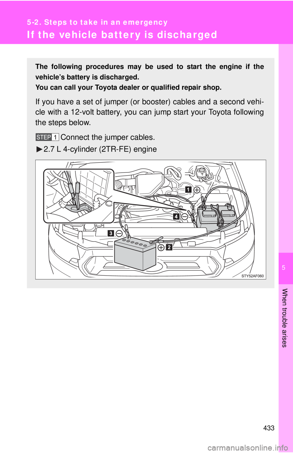 TOYOTA TACOMA 2013 Owners Manual (in English) 5
When trouble arises
433
5-2. Steps to take in an emergency
If the vehicle batter y is discharged
The following procedures may be used to start the engine if the
vehicle’s battery is discharged.
Yo TOYOTA TACOMA 2013 Owners Manual (in English) 5
When trouble arises
433
5-2. Steps to take in an emergency
If the vehicle batter y is discharged
The following procedures may be used to start the engine if the
vehicle’s battery is discharged.
Yo